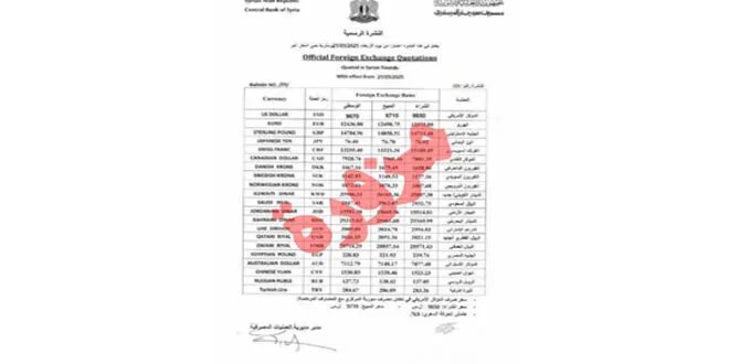 مصرف سوريا المركزي يحذر من نشرة مزورة متداولة باسمه