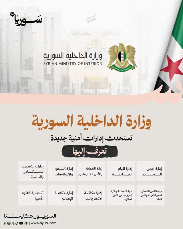 تحديثات هيكلية شاملة: وزارة الداخلية السورية تُحدث إدارات أمنية جديدة وتكشف مهامها