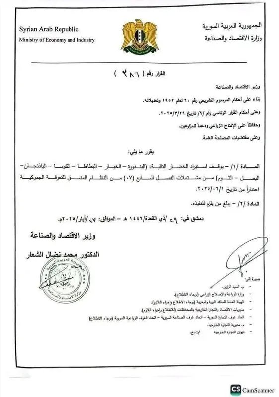 سوريا تحظر استيراد 6 أنواع من الخضار لدعم المزارع المحلي