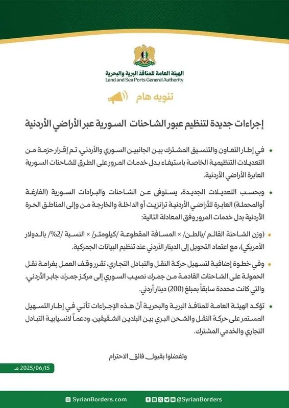 الأردن يخفض رسوم عبور الشاحنات السورية ويقدم تسهيلات جمركية جديدة