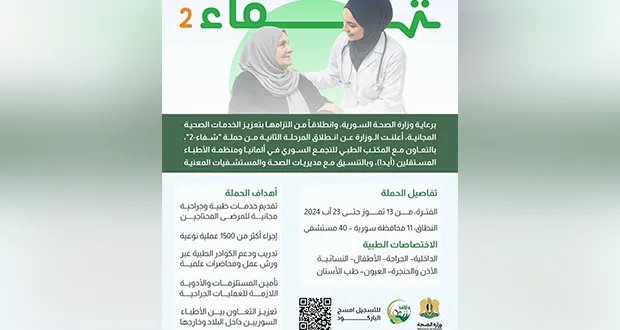 وزارة الصحة تطلق "شفاء 2" لتقديم خدمات طبية مجانية في 40 محافظة سورية