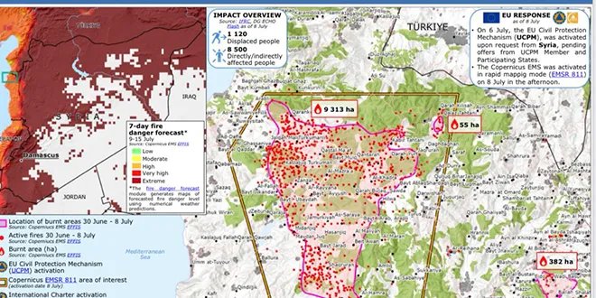 الاتحاد الأوروبي يفعّل خدمة الأقمار الصناعية لدعم فرق الإطفاء في ريف اللاذقية