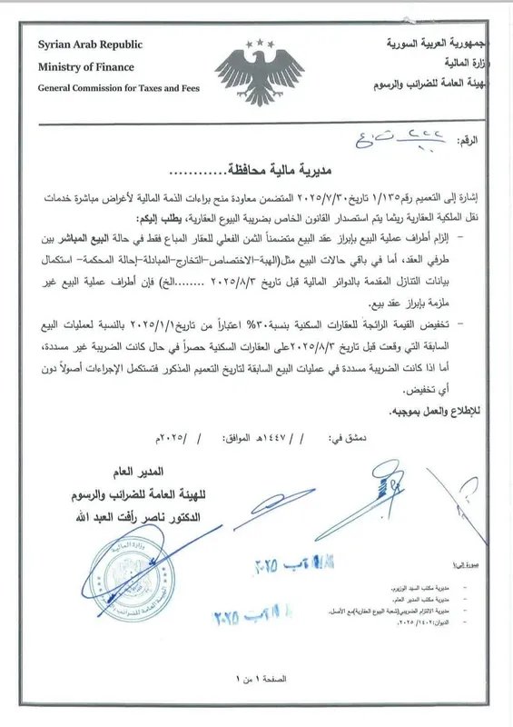 تسهيلات جديدة في سوريا: هيئة الضرائب تصدر تعميمًا لتبسيط إجراءات بيع العقارات